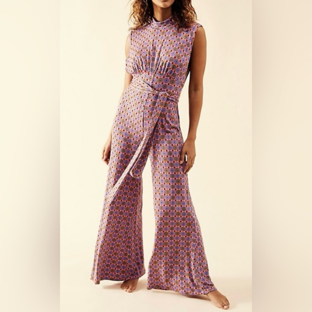 Free People Vibe Check Wide Leg Jumpsuit Pink Purple Boho Small NWOT